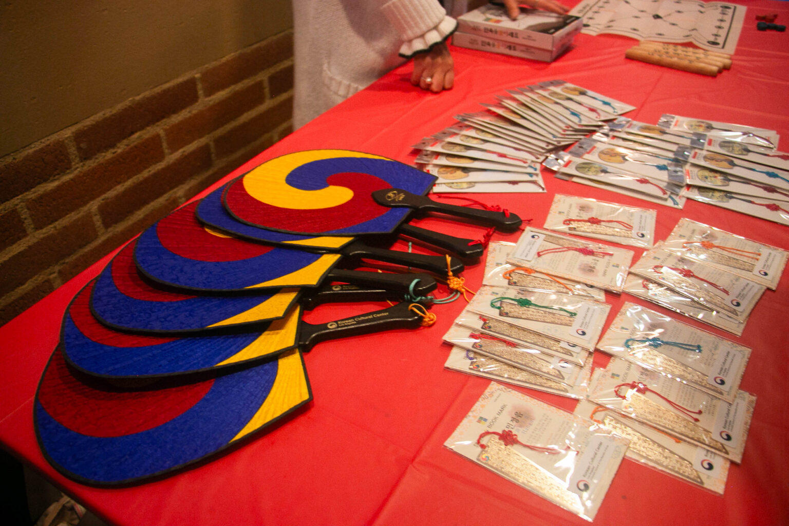 Korean flag fans displayed on a table